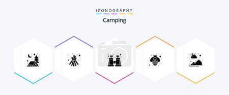 Téléchargez les illustrations : Camping 25 Glyphe icône pack inclus. lever du soleil. spyglass. Soleil. campagne - en licence libre de droit
