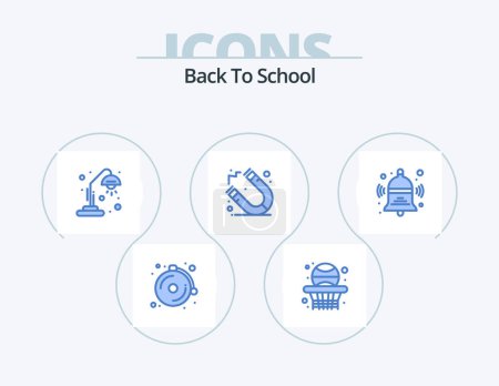 Téléchargez les illustrations : Retour à l'école Icône bleue Pack 5 Icône Design. l'éducation. à l'école. lampe de bureau. Cloche. aimant - en licence libre de droit