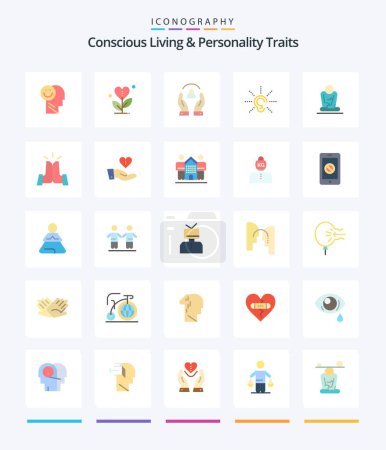 Téléchargez les illustrations : Creative Concious Living And Personality Traits 25 Flat icon pack  Such As hear. awareness. heart. protection. human - en licence libre de droit
