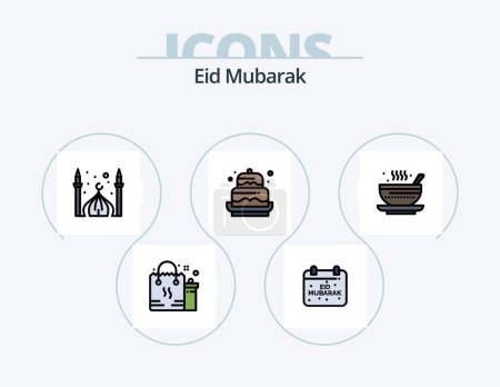 Téléchargez les illustrations : Eid Mubarak Line Filled Icon Pack 5 Icon Design. eid. cresent. stamp. masjid. happy - en licence libre de droit