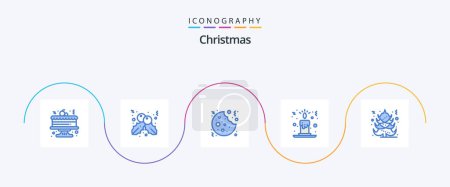 Téléchargez les illustrations : Pack de 5 icônes bleu Noël inclus. Noël. dessert. arbre. lumière de bougie - en licence libre de droit