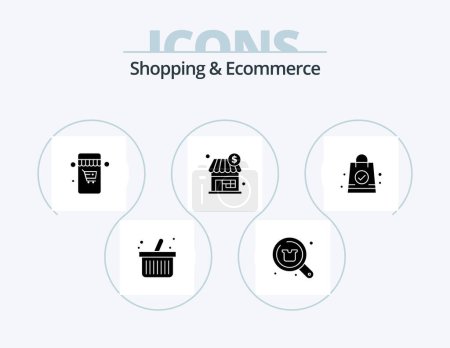 Téléchargez les illustrations : Shopping et commerce électronique Glyph Icon Pack 5 Icon Design. sac à provisions. sac à main. en ligne. dollar. achats - en licence libre de droit