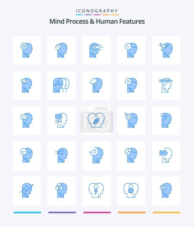 Ilustración de Proceso de la mente creativa y características humanas paquete de 25 iconos azules, como la forma de imaginación. pensamientos. mente. mente. cabeza - Imagen libre de derechos