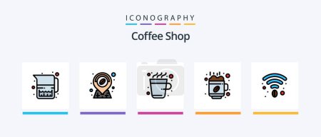 Téléchargez les illustrations : Coffee Shop Line Rempli Pack de 5 icônes incluant le café. Un muffin. Magasin. tasse. Mon chou. Icônes créatives Design - en licence libre de droit