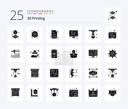 Illustration for 3d Printing 25 Solid Glyph icon pack including modeling. layer. 3d. printing. modeling - Royalty Free Image