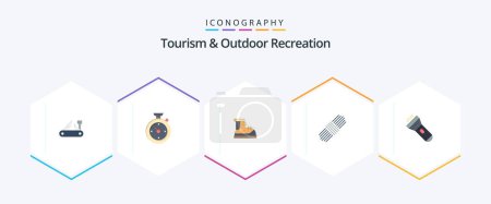 Illustration for Tourism And Outdoor Recreation 25 Flat icon pack including flashlight. pack. hotel. rope. track - Royalty Free Image