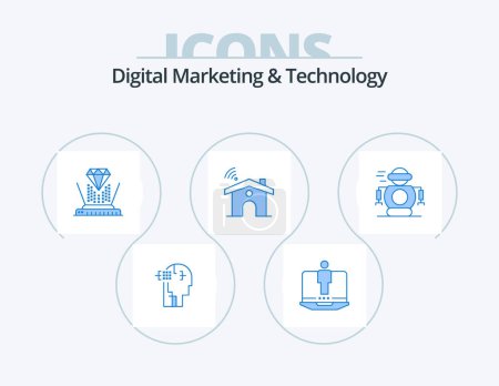 Illustration for Digital Marketing And Technology Blue Icon Pack 5 Icon Design. technology. house. hologram. signal. wifi - Royalty Free Image
