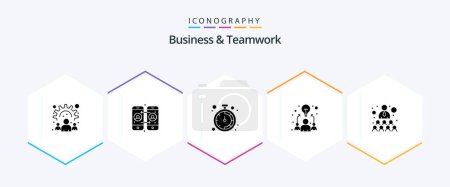 Téléchargez les illustrations : Business And Teamwork 25 Glyph icon pack including work. relationship. office. building. team - en licence libre de droit