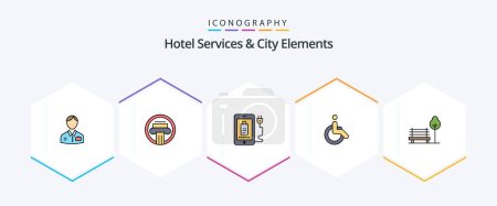 Illustration for Hotel Services And City Elements 25 FilledLine icon pack including walk. bicycle. decoration. weelchair. full - Royalty Free Image
