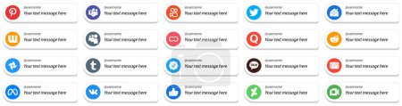 Illustration for 20 Social Media Platform Card Style Follow Me Icons with Customizable Message such as twitter verified badge. google photo. myspace. reddit and quora icons. Fully customizable and professional - Royalty Free Image