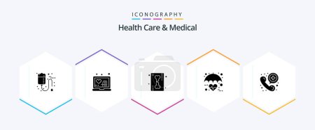 Téléchargez les illustrations : Health Care And Medical 25 Glyph icon pack including heart. medical. treatment. insurance. skeleton x-ray - en licence libre de droit