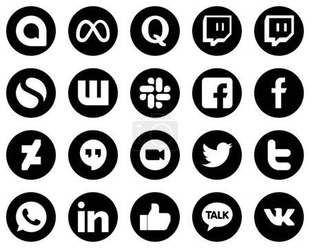 Illustration for 20 Stylish White Social Media Icons on Black Background such as video. slack. zoom and deviantart icons. Modern and high-quality - Royalty Free Image