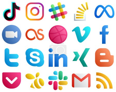 Ilustración de 20 Stylish Gradient Social Media Icons such as meeting. zoom. spotify. facebook and overflow icons. Creative and professional - Imagen libre de derechos