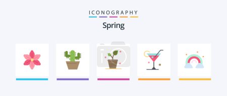 Téléchargez les illustrations : Spring Flat 5 Icon Pack Including rainbow. spring. leaf. wine. glass. Creative Icons Design - en licence libre de droit