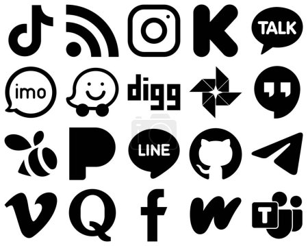 Téléchargez les illustrations : 20 Elegant Black Solid Social Media Icons such as waze. video. meta. audio and kakao talk icons. Creative and eye-catching - en licence libre de droit