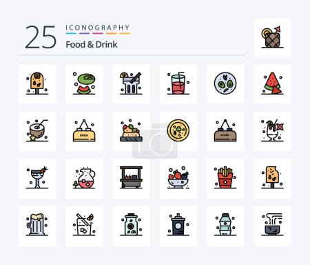 Téléchargez les illustrations : Food And Drink 25 Line Filled icon pack including salad. water. drink. - en licence libre de droit