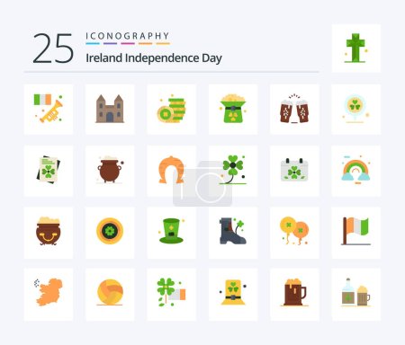 Téléchargez les illustrations : Ireland Independence Day 25 Flat Color icon pack including beer. hat. cross. green. clover - en licence libre de droit