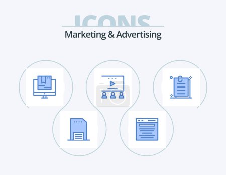 Téléchargez les illustrations : Marketing And Advertising Blue Icon Pack 5 Icon Design. video advertising. online advertisement. marketing. technology. online - en licence libre de droit