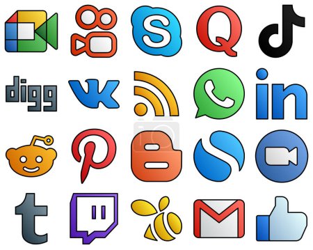 Illustration for 20 Modern icons whatsapp. rss. tiktok and vk Filled Line Style Social Media Icon Collection - Royalty Free Image