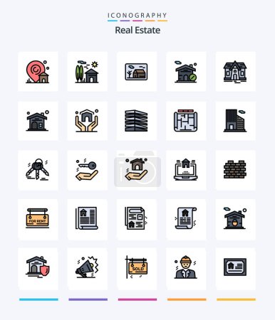 Téléchargez les illustrations : Creative Real Estate 25 Line FIlled icon pack  Such As house. estate. real estate. real estate. home - en licence libre de droit