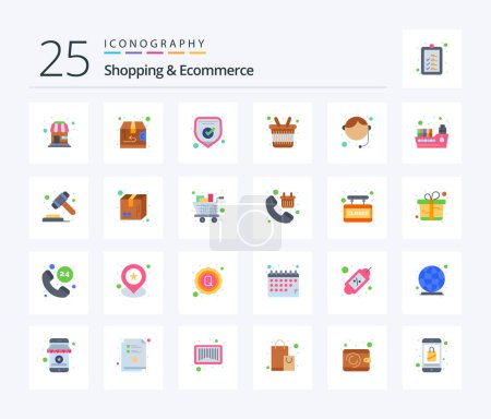 Téléchargez les illustrations : Shopping And Ecommerce 25 Flat Color icon pack including user. phone. protection. shopping basket. basket - en licence libre de droit