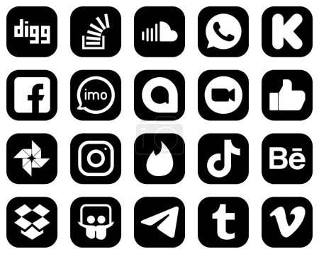 Ilustración de 20 High-Definition White Social Media Icons on Black Background such as audio. whatsapp. imo and fb icons. Professional and clean - Imagen libre de derechos