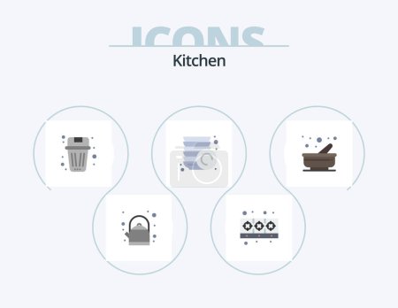 Téléchargez les illustrations : Kitchen Flat Icon Pack 5 Icon Design. mortar. cooking. been. plates. kitchen - en licence libre de droit