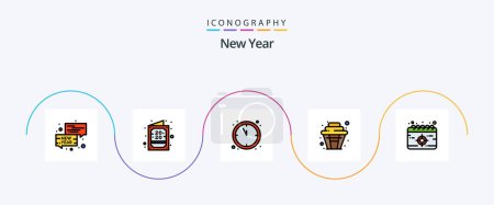 Téléchargez les illustrations : New Year Line Filled Flat 5 Icon Pack Including mission. calendar. clock. party. cup - en licence libre de droit