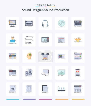 Téléchargez les illustrations : Creative Sound Design And Sound Production 25 Flat icon pack  Such As phonograph. disc. tape. studio. headphones - en licence libre de droit