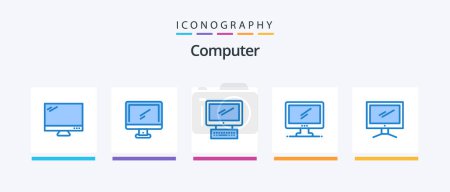 Téléchargez les illustrations : Pack d'icônes bleu ordinateur 5 y compris.. Conception d'icônes créatives - en licence libre de droit
