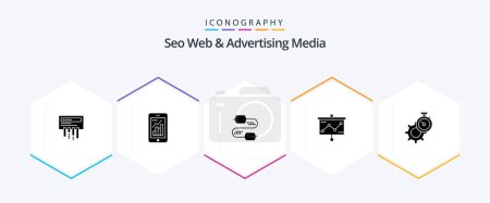 Téléchargez les illustrations : Seo Web And Advertising Media 25 Glyph icon pack including timer. graph. mobile graph. presentation. capacitors - en licence libre de droit