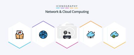 Téléchargez les illustrations : Network And Cloud Computing 25 FilledLine icon pack including safe. technology. electronic. server. data - en licence libre de droit