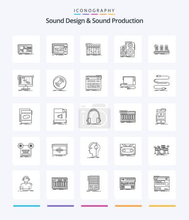 Illustration for Creative Sound Design And Sound Production 25 OutLine icon pack  Such As lamp. amplifier. music. studio. monitor - Royalty Free Image