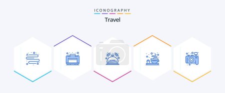 Illustration for Travel 25 Blue icon pack including . photo. hotel. camera. plate - Royalty Free Image