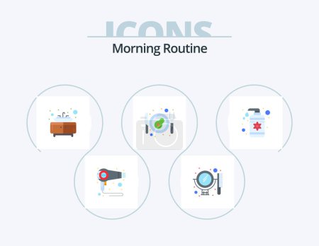 Illustration for Morning Routine Flat Icon Pack 5 Icon Design. care. lotion. bathroom. drop. breakfast - Royalty Free Image