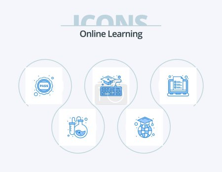 Illustration for Online Learning Blue Icon Pack 5 Icon Design. laptop. online. badge. graduation. pass - Royalty Free Image