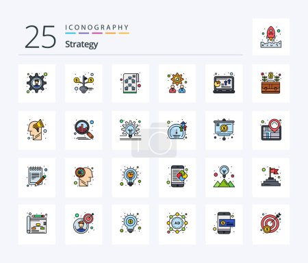 Téléchargez les illustrations : Strategy 25 Line Filled icon pack including laptop. chart. strategy. analysis. strategy - en licence libre de droit