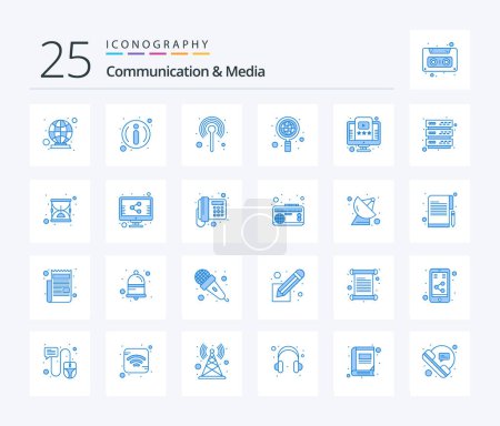 Téléchargez les illustrations : Communication And Media 25 Blue Color icon pack including video. globe. communication. search. business - en licence libre de droit