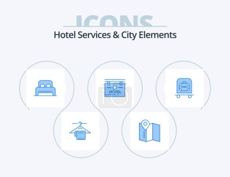Illustration for Hotel Services And City Elements Blue Icon Pack 5 Icon Design. trolly. hotel. sleep . location. sign - Royalty Free Image