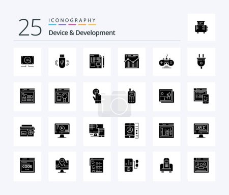 Ilustración de Device And Development 25 Solid Glyph icon pack including game. report. file. website. analysis - Imagen libre de derechos