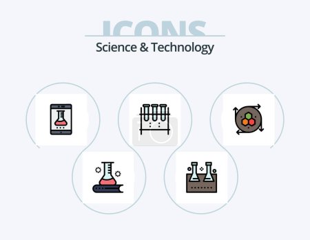 Illustration for Science And Technology Line Filled Icon Pack 5 Icon Design. nuclear fission. chemical reaction. study of earth surface. alcoholic fermentation. work management - Royalty Free Image