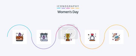 Téléchargez les illustrations : Womens Day Line Filled Flat 5 Icon Pack Including feminism. women. award. ring. heart - en licence libre de droit
