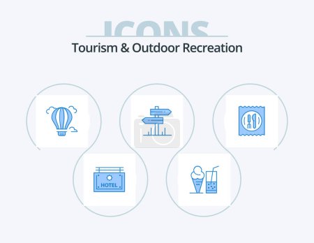 Ilustración de Tourism And Outdoor Recreation Blue Icon Pack 5 Icon Design. hotel. room. balloon. motel. direction - Imagen libre de derechos