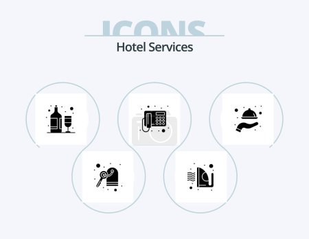Téléchargez les illustrations : Hotel Services Glyph Icon Pack 5 Icon Design. serving. food. wine. dish. telephone - en licence libre de droit