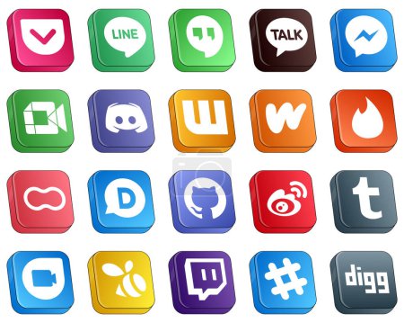 Illustration for 20 Modern Isometric 3D Social Media Icons such as tinder. wattpad. video. wattpad and text icons. Minimalist and customizable - Royalty Free Image