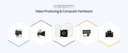 Illustration for Video Producing And Computer Hardware 25 Glyph icon pack including input. connection. hardware. adapter. processor - Royalty Free Image