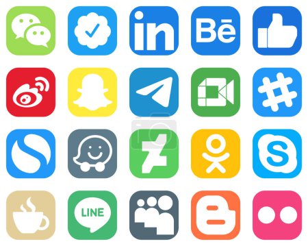 Illustration for 20 Essential Social Media Icons such as video. weibo. messenger and snapchat icons. Gradient Social Media Icons - Royalty Free Image