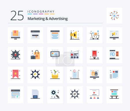 Illustration for Marketing And Advertising 25 Flat Color icon pack including email advertising. advertising. marketing. ad. marketing - Royalty Free Image