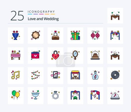 Illustration for Wedding 25 Line Filled icon pack including earrings. surprise. diamond. present. box - Royalty Free Image