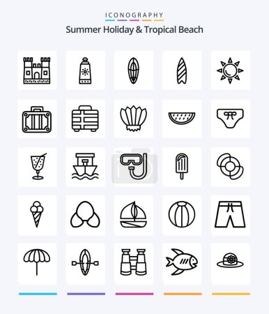 Téléchargez les illustrations : Creative Beach 25 OutLine icon pack  Such As diving. transportation. surfboard. holiday. shinning - en licence libre de droit